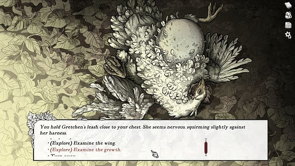 Another creepy screenshot from the second episode of Scarlet Hollow by Black Tabby Games, in which another growth is found on a poor, hapless hen.