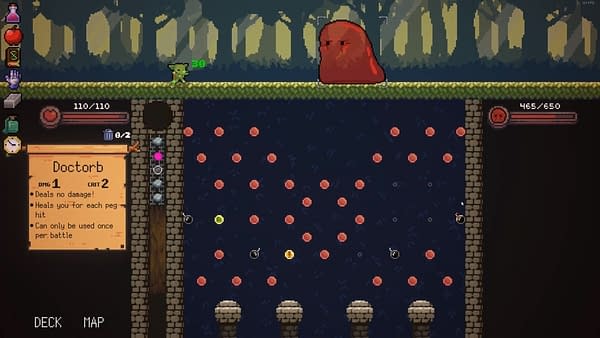 A screenshot from Peglin, a pachinko-style roguelike game by indie developer Red Nexus Games, wherein the main character is facing enemies and using the board to defeat them.