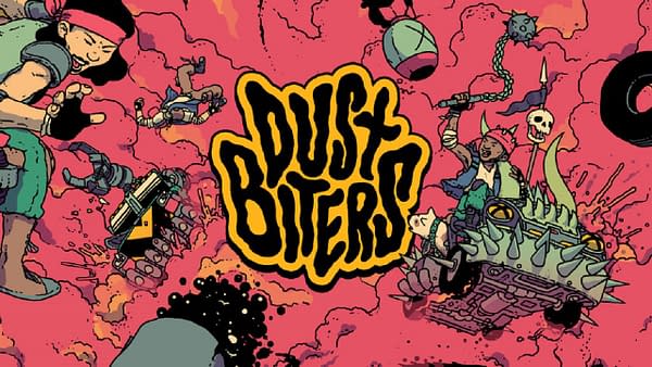 The grungy key art for Dustbiters, a tabletop card game produced by iam8bit that has been fully funded plus 80% more on Kickstarter.