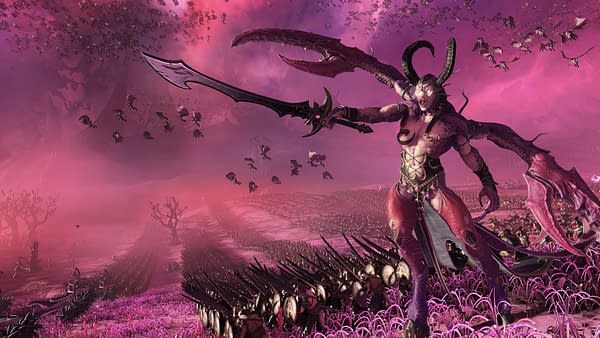 A look at the Slaanesh legendary lord N'Kari in Total War: Warhammer III, courtesy of SEGA.