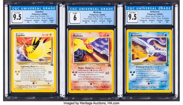 The front faces of the Black Star promos of Zapdos, Moltres, and Articuno, pictured respectively, from the Pokémon TCG's promotion for the franchise's second film. Currently available on auction at Heritage Auctions' website.