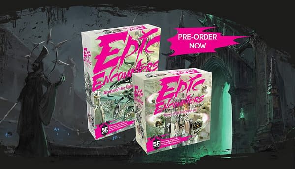 The boxes for the new Epic Encounters modules by Steamforged Games: Arena of the Undead Horde, and Tower of the Lich Empress. These modules are currently up for preorder on Steamforged's website.
