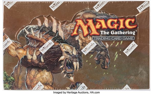 The top of the booster box of Legions, a creature-only expansion set from Magic: The Gathering. Currently available at auction on Heritage Auctions' website.