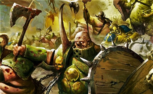 Art attributed to Games Workshop for their fantasy wargame, Age of Sigmar, wherein the Maggotkin of Nurgle are facing off against some Stormcast Eternals.