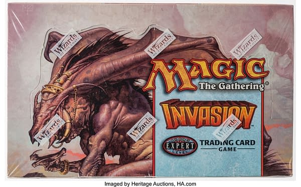 The top side of the Invasion Booster Box, an expansion set for Magic: The Gathering.  Currently available for auction on the Heritage Auctions website.