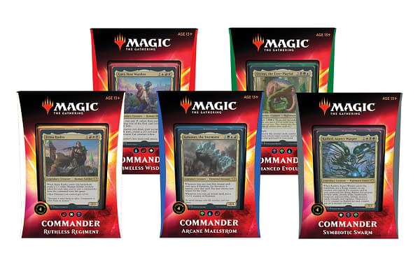 The boxes for Commander 2020's pre-constructed decks, available now.