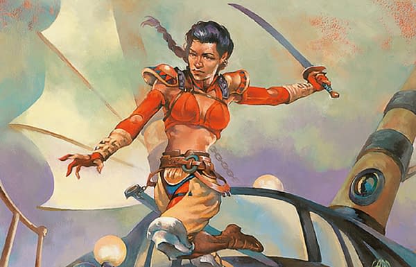 The full art for Captain Sisay, a card from Invasion, an older expansion set for Magic: The Gathering. Illustrated here by Ray Lago, Sisay shows up in the first series of Vanguard character cards for the game.