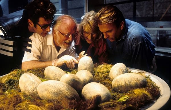 Jeff Goldblum, Richard Attenborough, Laura Dern, and Sam Neill in Jurassic Park (1993). Image courtesy of Universal Pictures
