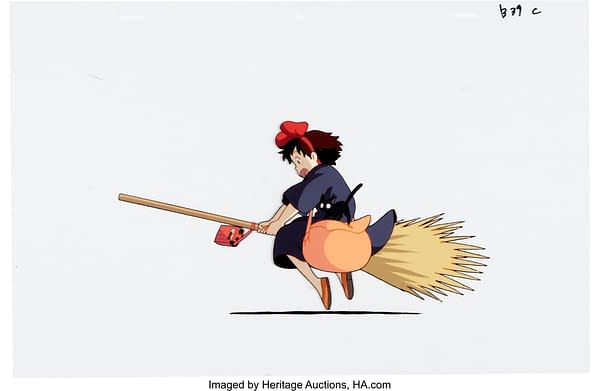 a fuller view of the production cel of Kiki's Delivery Service, an iconic animated film from Studio Ghibli.  This item is currently up for auction on the Heritage Auctions website.