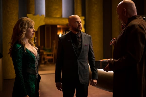 Supergirl -- "Immortal Kombat" -- Image Number: SPG519B_0082r.jpg -- Pictured (L-R): Cara Buono as Gamemnae, Jon Cryer as Lex Luthor and Mitch Pileggi as Rama Khan -- Photo: Kailey Schwerman/The CW -- © 2020 The CW Network, LLC. All rights reserved.