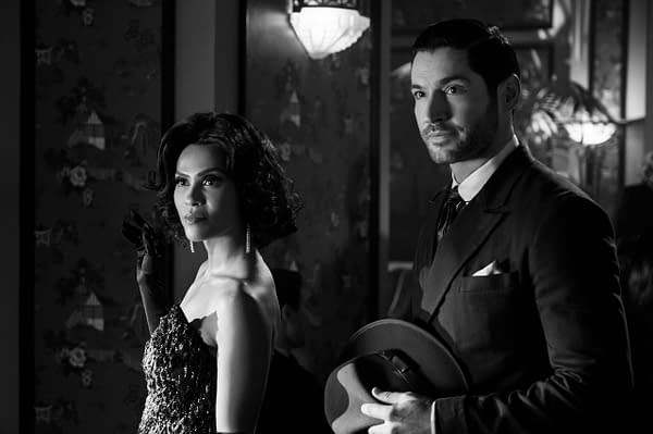 LUCIFER (L to R) LESLEY-ANN BRANDT as MAZE and TOM ELLIS as LUCIFER MORNINGSTAR in episode 504 of LUCIFER Cr. JOHN P. FLEENOR/NETFLIX © 2020