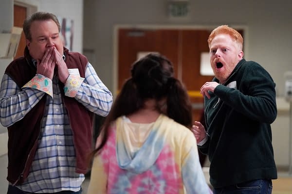 Modern Family stars Eric Stonestreet as Cam, Aubrey Anderson-Emmons as Lily, and Jesse Tyler Ferguson as Mitch.
