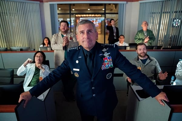 Gen. Naird and his team celebrate success in Space Force, courtesy of Netflix.