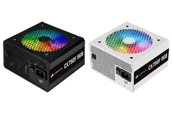 Two different versions of the CORSAIR CX-F RGB Series Power Supplies.