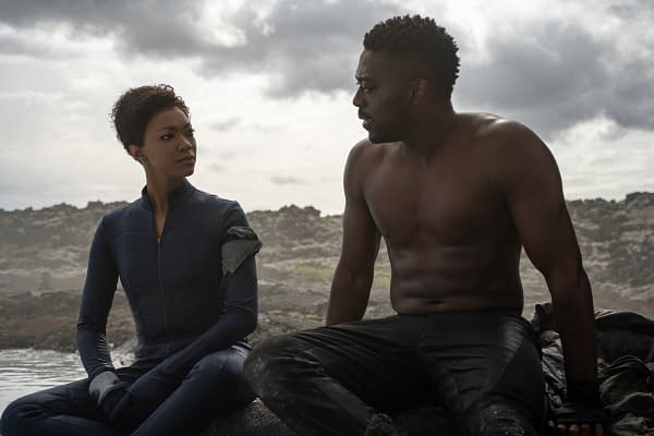 Pictured (L-R): Sonequa Martin-Green as Burnham; and David Ajala as Book; of the CBS All Access series STAR TREK: DISCOVERY. Photo Cr: Michael Gibson/CBS ©2020 CBS Interactive, Inc. All Rights Reserved.