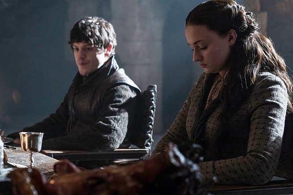 Iwan Rheon as Ramsey Bolton and Sophie Turner as Sansa Stark on Game of Thrones. Image courtesy of HBO/WarnerMedia