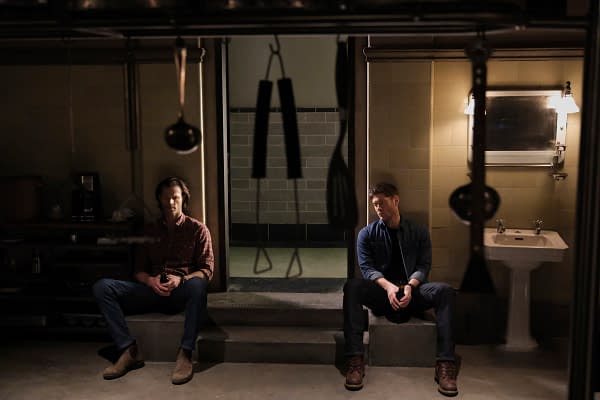 Supernatural -- "Inherit the Earth" -- Image Number: SN1519a_0174r.jpg -- Pictured (L-R): Jared Padalecki as Sam and Jensen Ackles as Dean -- Photo: Bettina Strauss/The CW -- © 2020 The CW Network, LLC. All Rights Reserved.
