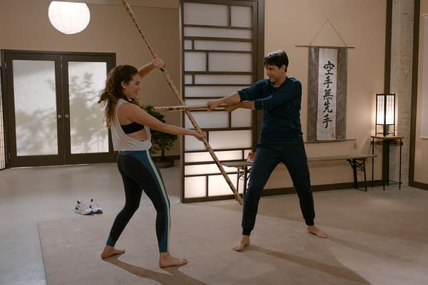 COBRA KAI (L to R) MARY MOUSER as SAMANTHA LARUSSO and RALPH MACCHIO as DANIEL LARUSSO of COBRA KAI Cr. COURTESY OF NETFLIX © 2020