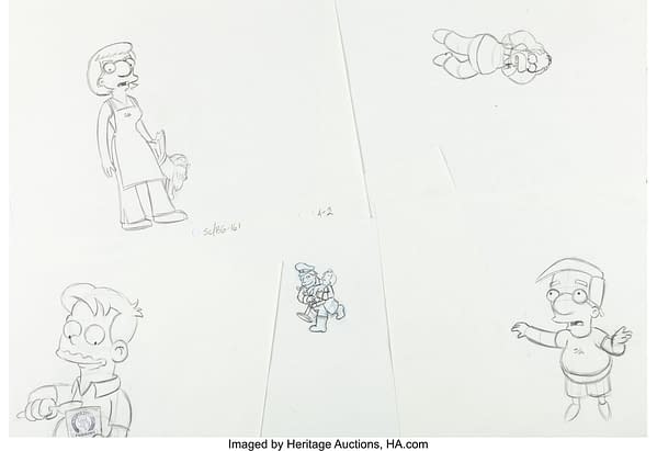 The Simpsons Layout and Animation Drawings Group of 12. Credit: Fox