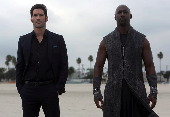 LUCIFER: L-R: Tom Ellis and DB Woodside in the "Wingman" episode of LUCIFER airing Monday, March 7 (9:01-10:00 PM ET/PT) on FOX. ©2016 Fox Broadcasting Co. CR: FOX