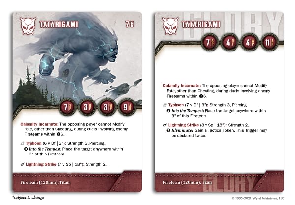 The front and back of the card for the Tatarigami, a Titan from The Other Side, one of Wyrd Games' wargames, showcasing its abilities and actions.