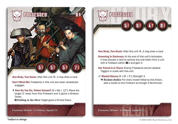 The front and back of the stat card for the Possessed, three miniatures in the Wyrd Games wargame The Other Side.