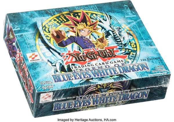 An angled shot of the front of the 1st Edition booster box of Legend of Blue Eyes White Dragon, from the Yu-Gi-Oh! card game. Currently available for auction at Heritage Auctions.