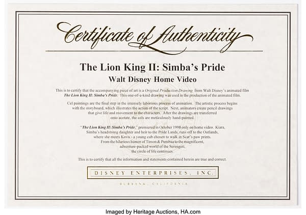 The Lion King 2: Simba's Pride Scar Certificate of Authenticity. Credit: Heritage