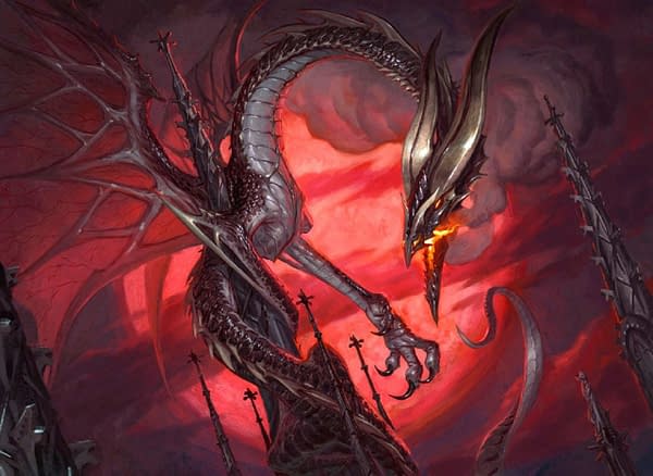 The full art for Balefire Dragon, a card from Innistrad, a gothic-horror set in the Magic: The Gathering trading card game. Illustrated by Eric Deschamps.