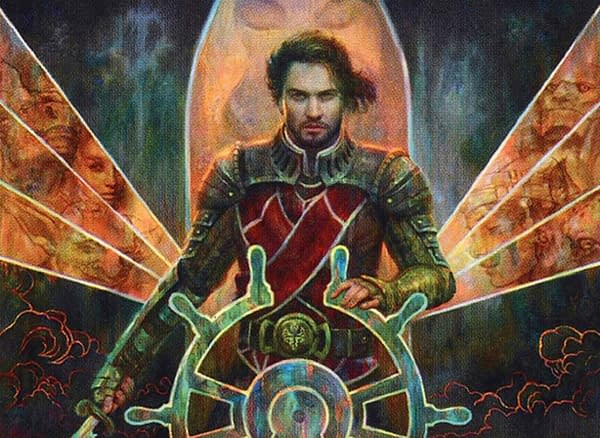 The full art for Gerrard, Weatherlight Hero, a card from Commander 2019, a series of preconstructed Commander decks for Magic: The Gathering, a game by Wizards of the Coast. Illustrated by Zack Stella.