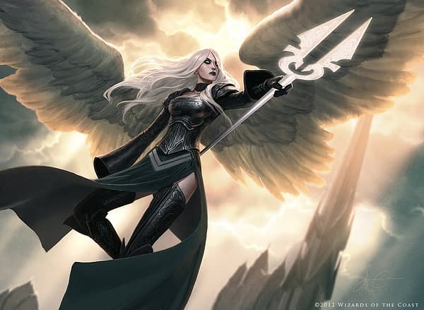 The full art for Avacyn, Angel of Hope, a card from Avacyn Restored, the third set in Magic: The Gathering's Innistrad block, and a card that many people point to as a source of triumphant Magic art. Illustrated by Jason Chan.