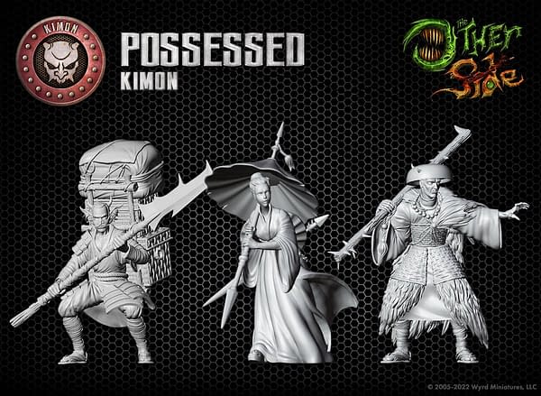 The 3D model render for the Possessed, three miniatures in the Wyrd Games wargame The Other Side.