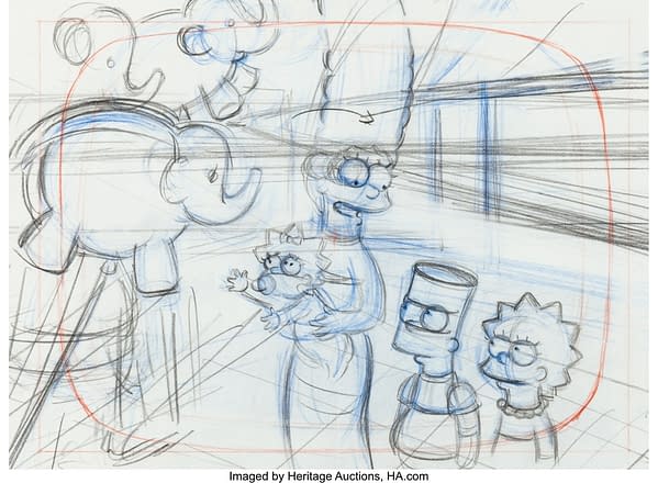 The Simpsons Layout and Animation Drawings Group of 12. Credit: Fox