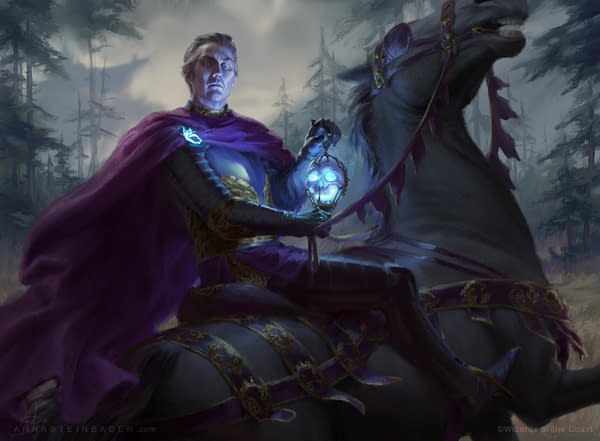 The artwork for Syr Konrad, the Grim, from Magic: The Gathering's Throne of Eldraine expansion. Illustrated by Anna Steinbauer.