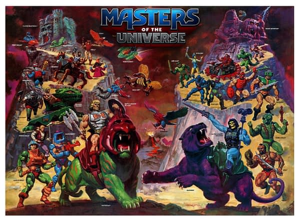 Key art for Masters of the Universe, displaying various incarnations of characters from the Mattel-owned franchise.