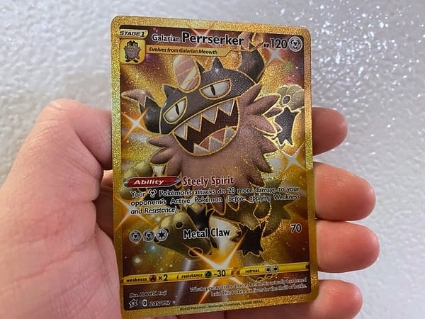 Shiny Perrserker Gold Card from Rebel Clash. Credit: Pokémon TCG Shiny Perrserker Gold Card from Rebel Clash. Credit: Pokémon TCG