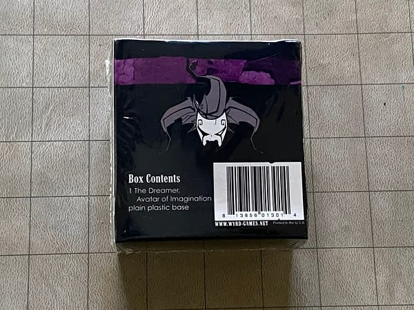 The rear face of the box for The Dreamer, Avatar of Imagination, a miniature by Wyrd Miniatures for the first edition of their game Malifaux. As of writing this caption, it is still sealed. It may be unsealed by the end of the article, however.