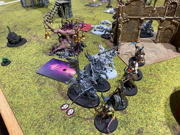 Moments before a tactical withdrawal by the Soulblight Gravelords. Photo credit: Josh Nelson, during a Path To Glory campaign battle for Age of Sigmar, the fantasy wargame by Games Workshop.
