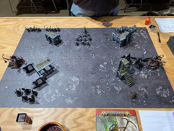 The layout of the Breakthrough battlefield from the perspective of the Maggotkin of Nurgle. Photo credit: Josh Nelson. Shot taken during a Path to Glory campaign for Age of Sigmar, the fantasy wargame by Games Workshop.