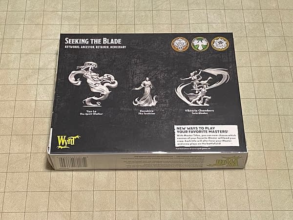 The back face of the box for Seeking the Blade, a boxed set for the third edition of Malifaux, a tabletop skirmish game by Wyrd Games.