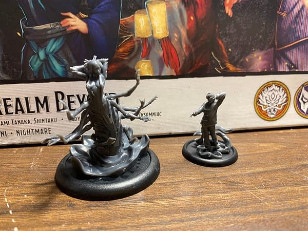 Two of the three miniatures that come in Realm Beyond, a boxed set for the third edition of Malifaux, a game by Wyrd Games.