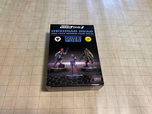 The front of the Dire Foes Mission Pack box called Obsidian Head, a new box set for Infinity CodeOne, a game by Corvus Belli.