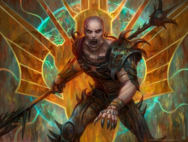 The full art for Greven, Predator Captain, a card from Commander 2020, a supplemental Commander release for Magic: The Gathering. Illustrated by Zack Stella.