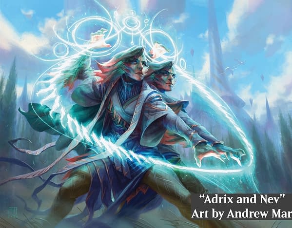 The art for Adrix and Nev, Twincasters, the face commander card for the Quantum Quandrix Commander precon for Magic: The Gathering. Illustrated by Andrew Mar.