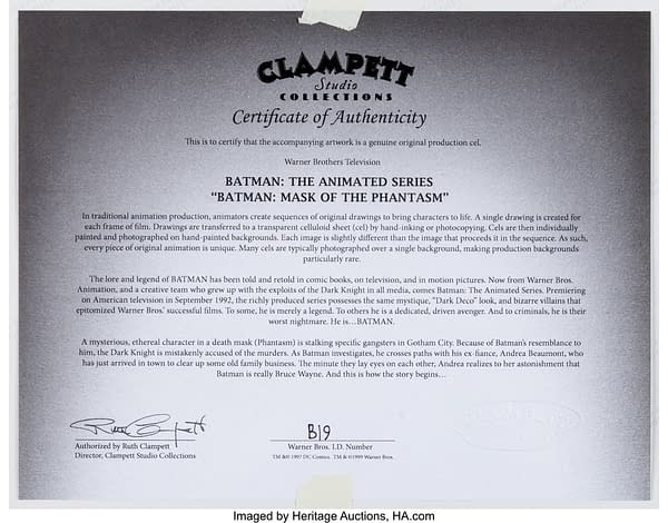 Batman: Mask of the Phantasm Andrea Beaumont Production Cel Certificate of Authenticity. Credit: Heritage Auctions Batman: Mask of the Phantasm Andrea Beaumont Production Cel Certificate of Authenticity. Credit: Heritage Auctions