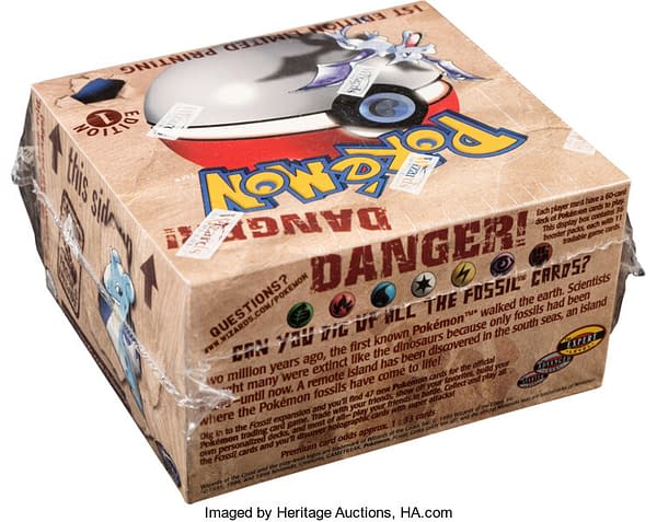 An angular rear view of the 1st Edition Fossil booster box from the Pokémon TCG.