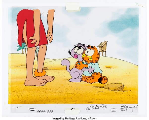 Garfield in Paradise Garfield and Mai-Tai Production Cel Setup with Animation Drawing. Credit: Heritage Auctions