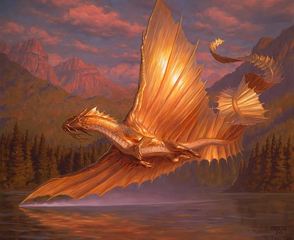 The full art for the Adult Gold Dragon card from Magic: The Gathering's newest upcoming expansion set, Adventures in the Forgotten Realms. Illustrated by Chris Rahn.