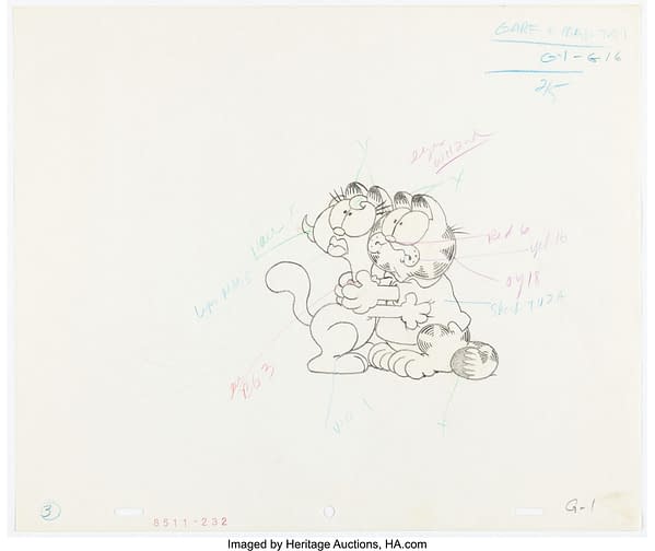 Garfield in Paradise Garfield and Mai-Tai Production Cel Setup with Animation Drawing. Credit: Heritage Auctions
