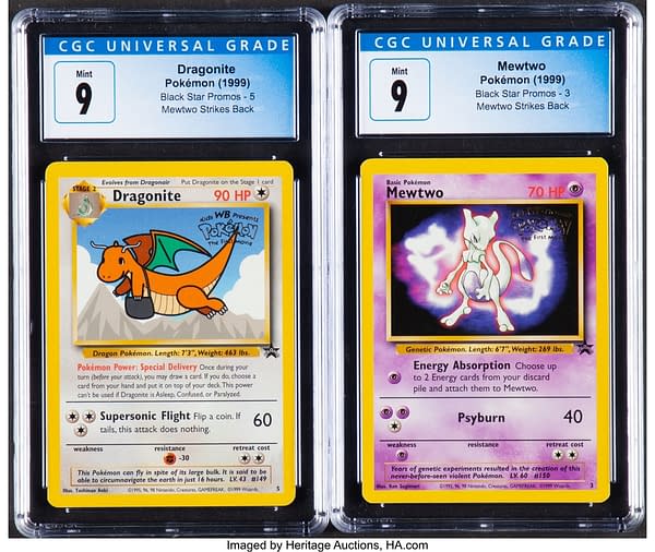 The front faces of Dragonite and Mewtwo, respectively, two promotional cards from the first Pokémon movie promotion of the Pokémon TCG. Currently available at auction on Heritage Auctions' website.